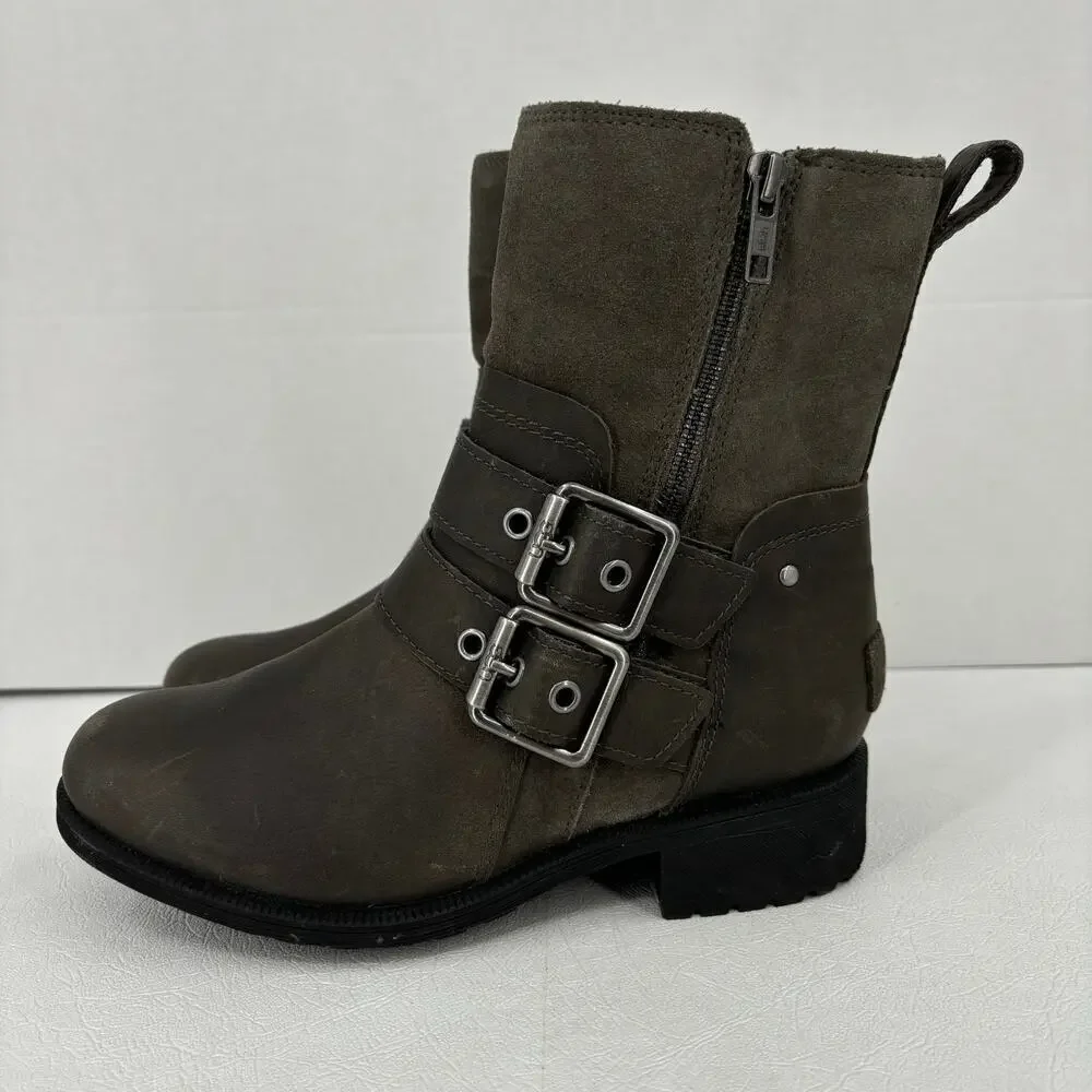 UGG Wilde‎ Moto Buckle Boots Women's Size 5.5 Waterproof Leather Suede Wool